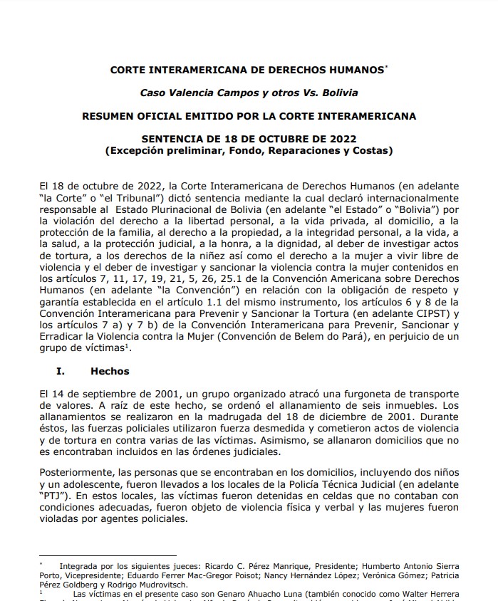 Resumen Caso Valencia Campos y otros Vs. Bolivia